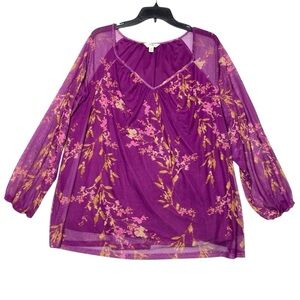 Terra & Sky Sweetheart Mesh Top Womens 1X Plum Dreamy Floral Bouquet Long Sleeve
